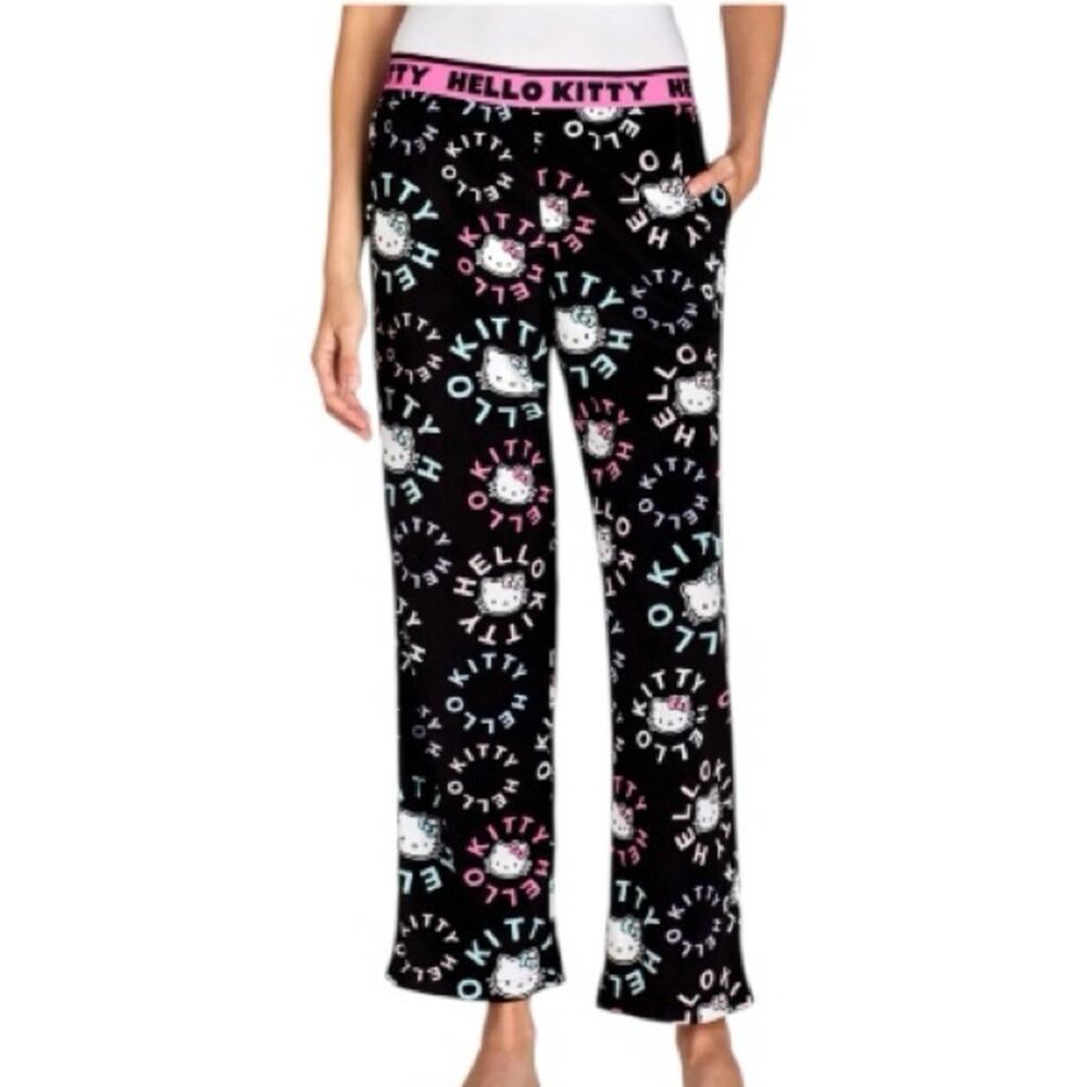 Hello Kitty Women’s Black Velour Soft Elastic Waistband Lounge Sleep Pants sz 2X